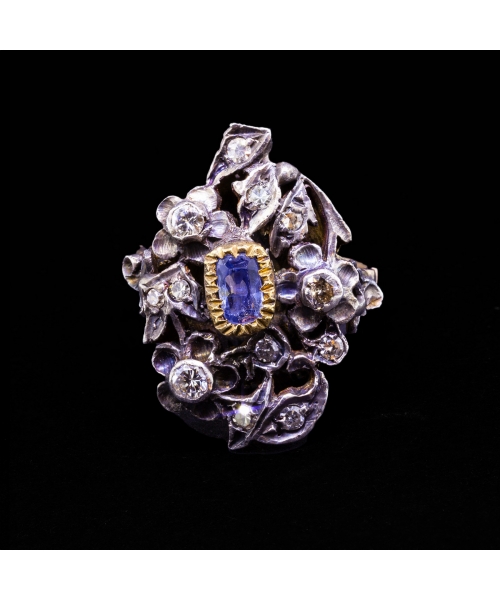 14K Gold, Silver, Victorian Inspired Ring with Diamonds and Sapphire - 2