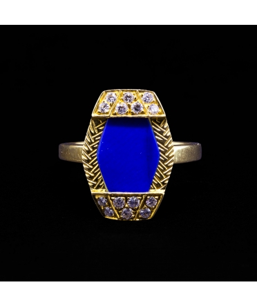 Pierścionek z brylantem i lapis lazuli, Vintage, Złoto 750 - 1