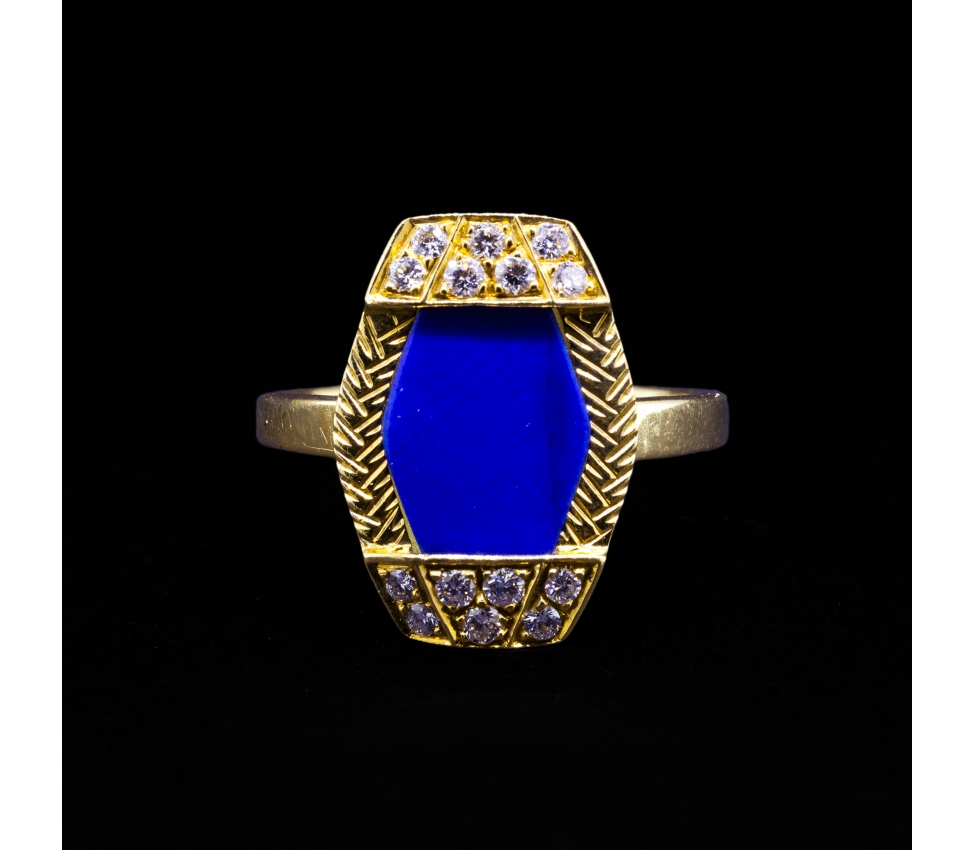 Pierścionek z brylantem i lapis lazuli, Vintage, Złoto 750 - 1
