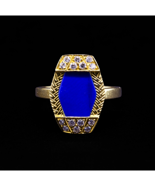 Pierścionek z brylantem i lapis lazuli, Vintage, Złoto 750 - 1