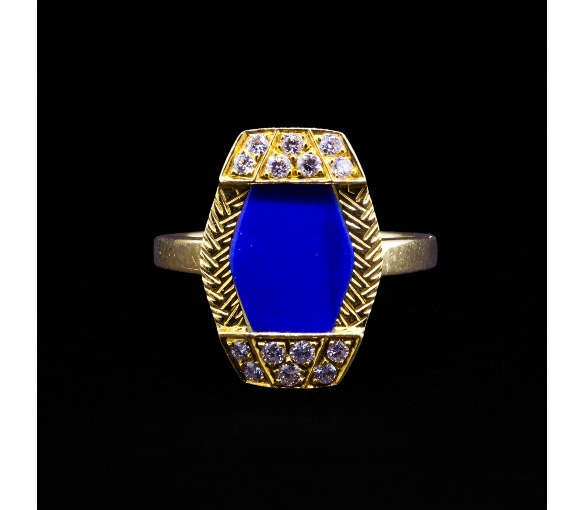 Pierścionek z brylantem i lapis lazuli, Vintage, Złoto 750 - 1