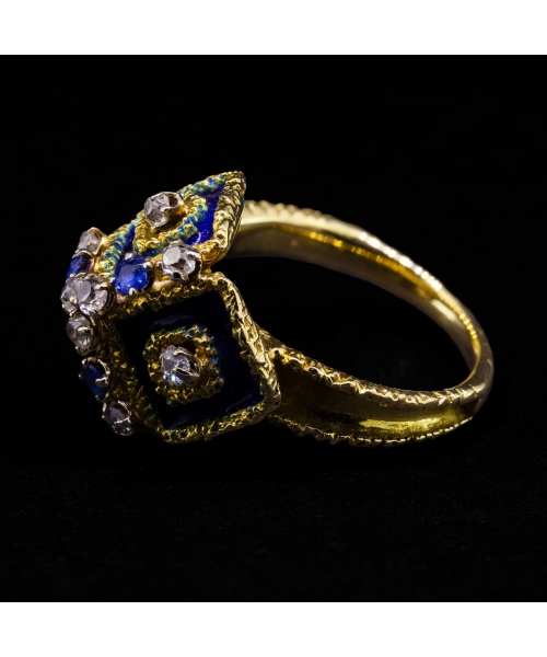 Pierścionek z diamentami, szafirami i emalią, Vintage, Francja, Złoto 750 - 3