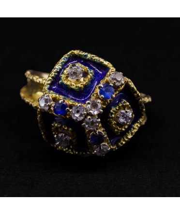 Pierścionek z diamentami, szafirami i emalią, Vintage, Francja, Złoto 750 - 1
