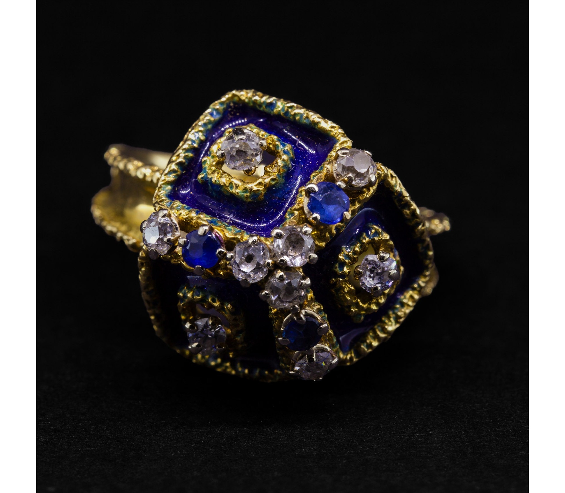 Pierścionek z diamentami, szafirami i emalią, Vintage, Francja, Złoto 750 - 1 Pierścionek z diamentami, szafirami i emalią, Vintage, Francja, Złoto 750 - 1