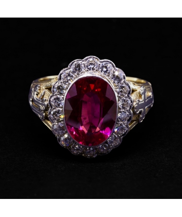 14K Gold, Decorated 1.08 ctw Diamond and Synthetic Ruby Signet Ring, Czechoslovakia - 1