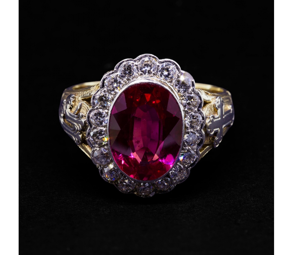 14K Gold, Decorated 1.08 ctw Diamond and Synthetic Ruby Signet Ring, Czechoslovakia - 1