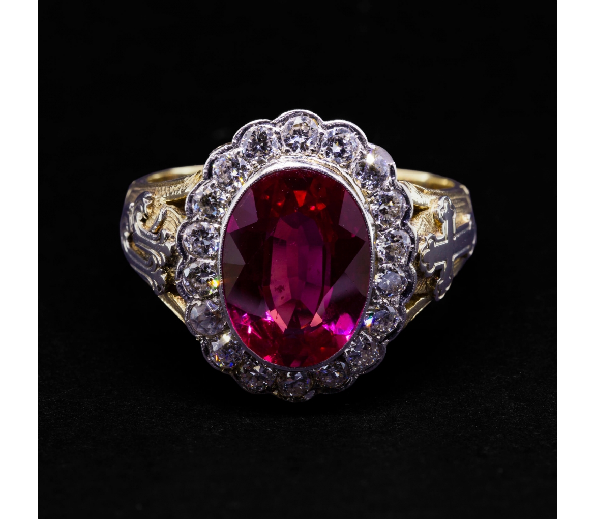 14K Gold, Decorated 1.08 ctw Diamond and Synthetic Ruby Signet Ring, Czechoslovakia - 1