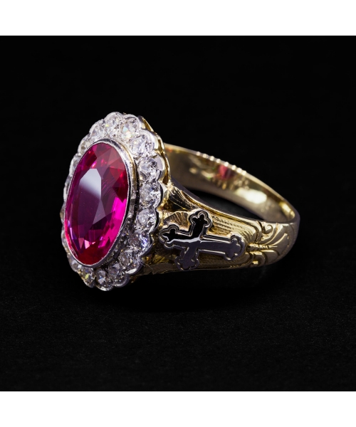 14K Gold, Decorated 1.08 ctw Diamond and Synthetic Ruby Signet Ring, Czechoslovakia - 3