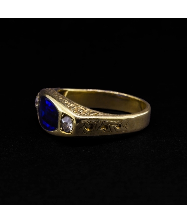 18K Gold, Diamond and Cobalt Glass Signet Ring, Hand-Made, 19th century - 2