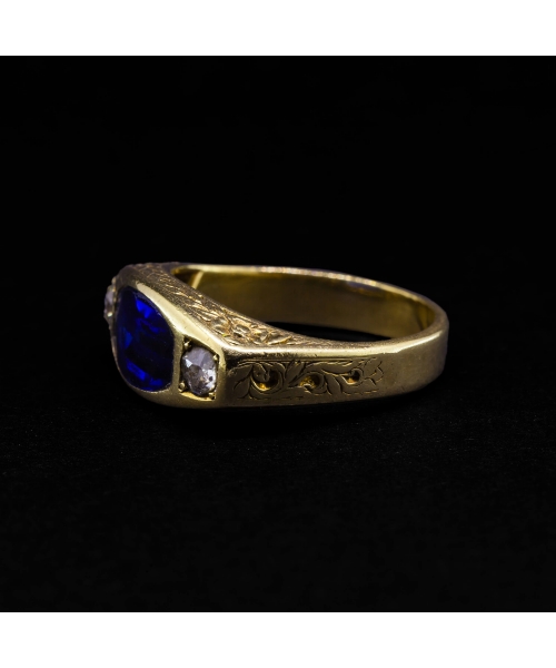 18K Gold, Diamond and Cobalt Glass Signet Ring, Hand-Made, 19th century - 2