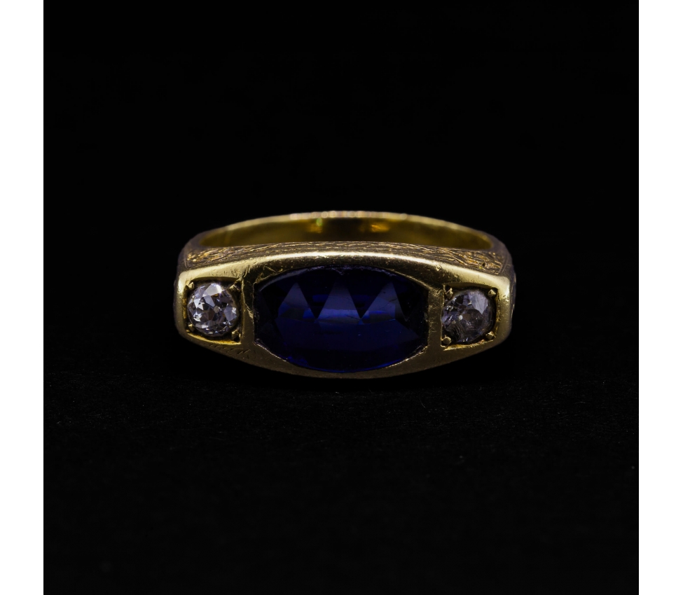 18K Gold, Diamond and Cobalt Glass Signet Ring, Hand-Made, 19th century - 1