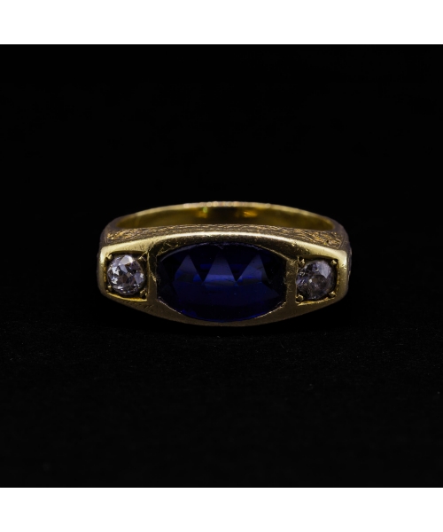 18K Gold, Diamond and Cobalt Glass Signet Ring, Hand-Made, 19th century - 1