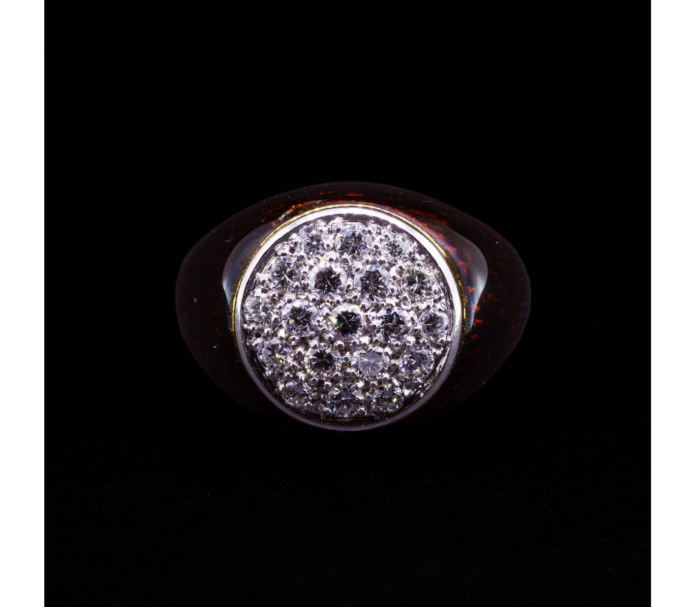 Pierścionek z brązową emalią i diamentami, Vintage, Złoto 750 - 1