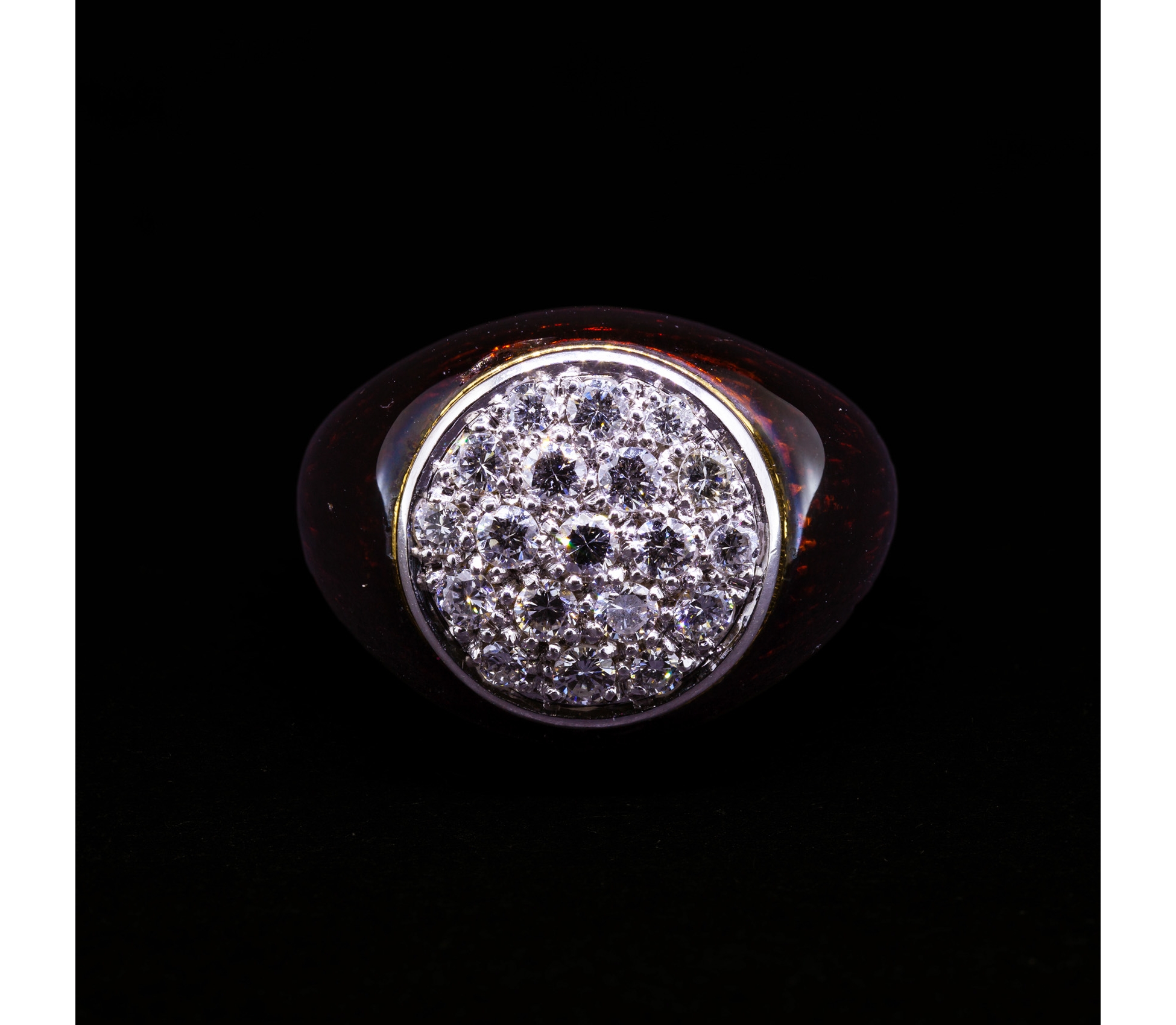 Pierścionek z brązową emalią i diamentami, Vintage, Złoto 750 - 1 Pierścionek z brązową emalią i diamentami, Vintage, Złoto 750 - 1