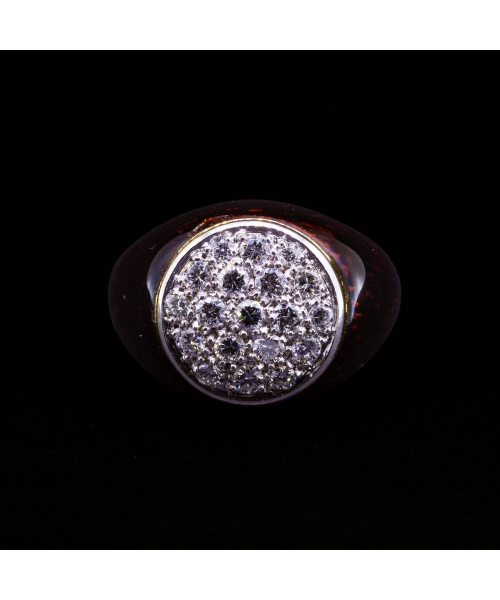 Pierścionek z brązową emalią i diamentami, Vintage, Złoto 750 - 1