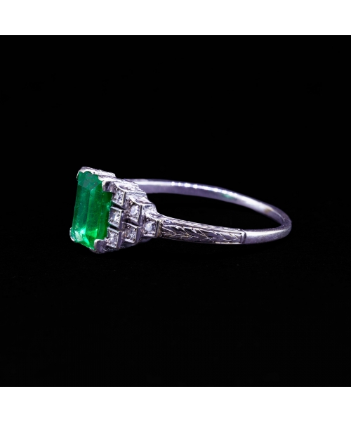 Pierścionek ze szmaragdem i diamentami Art Deco, Złoto 750 - 1