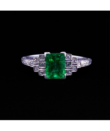 Pierścionek ze szmaragdem i diamentami Art Deco, Złoto 750 - 2