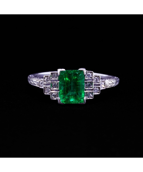 Pierścionek ze szmaragdem i diamentami Art Deco, Złoto 750 - 2