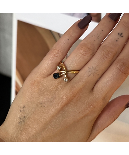 18k Gold, Art Nouveau inspired Diamond and Sapphire Ring, Vintage - 3