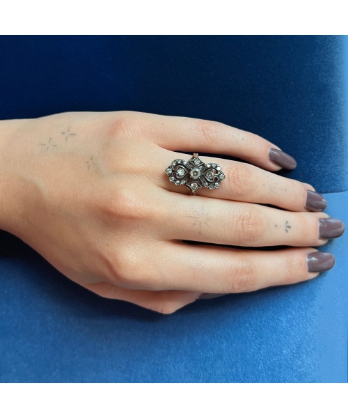 18K Gold, Silver Diamond Ring, Vintage, Italy - 3