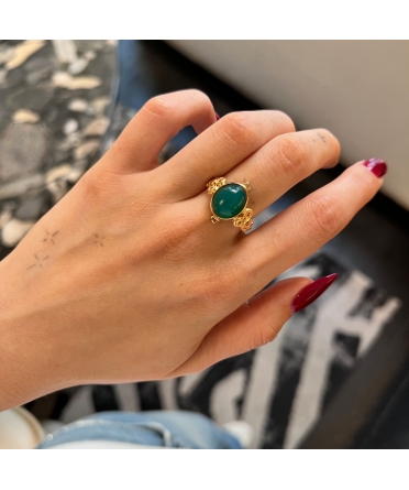 14K Gold, Ring with Green Onyx, Handcrafted Filigree, Vintage - 2