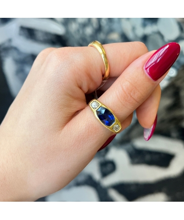 18K Gold, Diamond and Cobalt Glass Signet Ring, Hand-Made, 19th century - 3