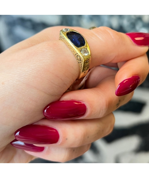 18K Gold, Diamond and Cobalt Glass Signet Ring, Hand-Made, 19th century - 3
