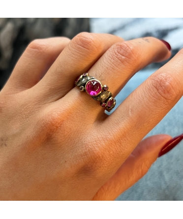 14K Gold, Georgian-Inspired Ring with Pink Stones and Diamonds - 2