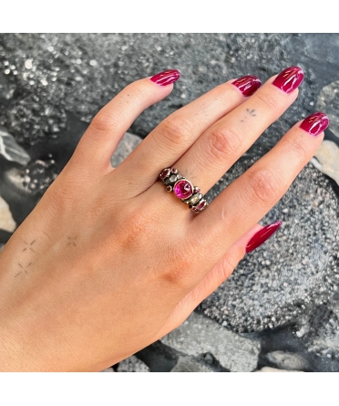 14K Gold, Georgian-Inspired Ring with Pink Stones and Diamonds - 3