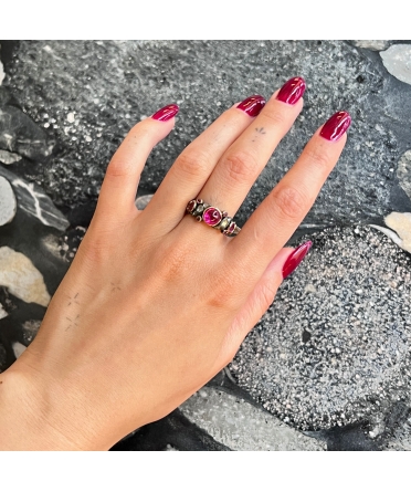 14K Gold, Georgian-Inspired Ring with Pink Stones and Diamonds - 4