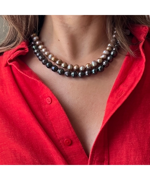14K Gold, Necklace with Dark Ringed Pearls, Vintage - 2