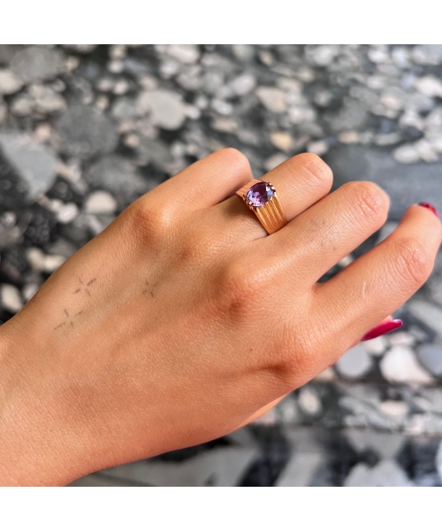 14K Rose Gold, Purple Synthetic Corundum Ring, Vintage, USSR - 2