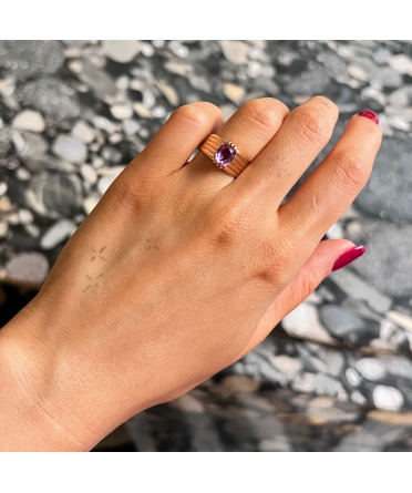 14K Rose Gold, Purple Synthetic Corundum Ring, Vintage, USSR - 3