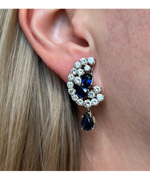 18K Gold, 6.10 ctw Sapphire and 3.54 ctw Diamond Clip Earrings, Handmade - 2