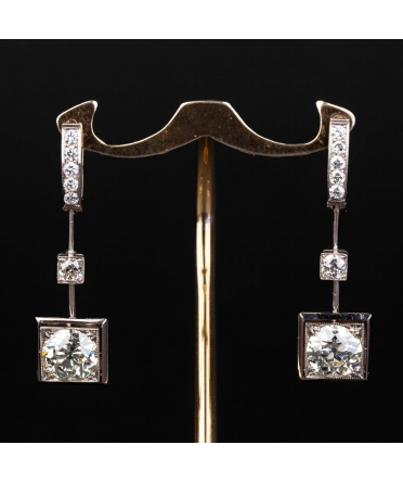 14K White Gold Retro Style Long 4 ct Diamond Earrings - 1