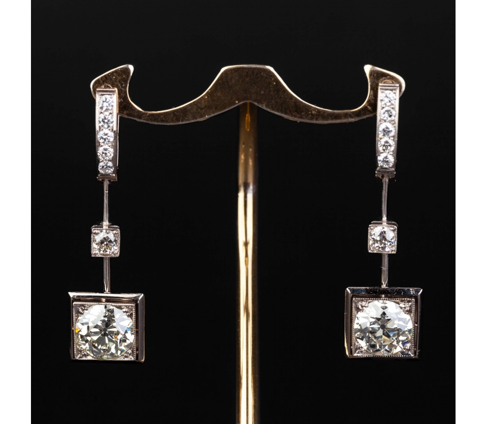 14K White Gold Retro Style Long 4 ct Diamond Earrings - 1
