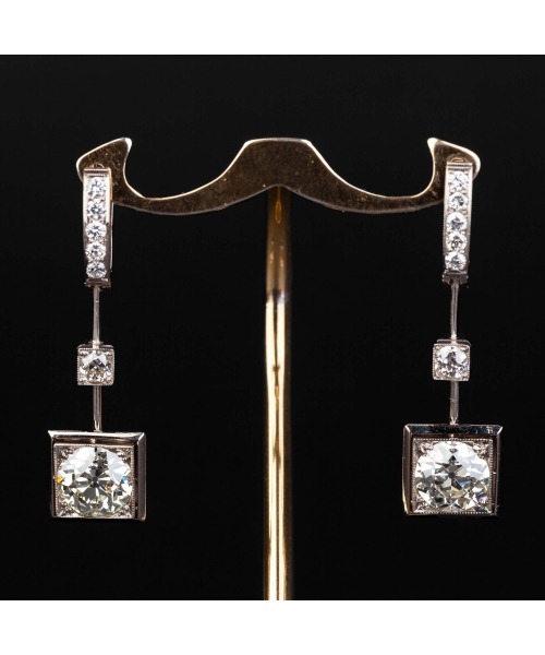 14K White Gold Retro Style Long 4 ct Diamond Earrings - 1