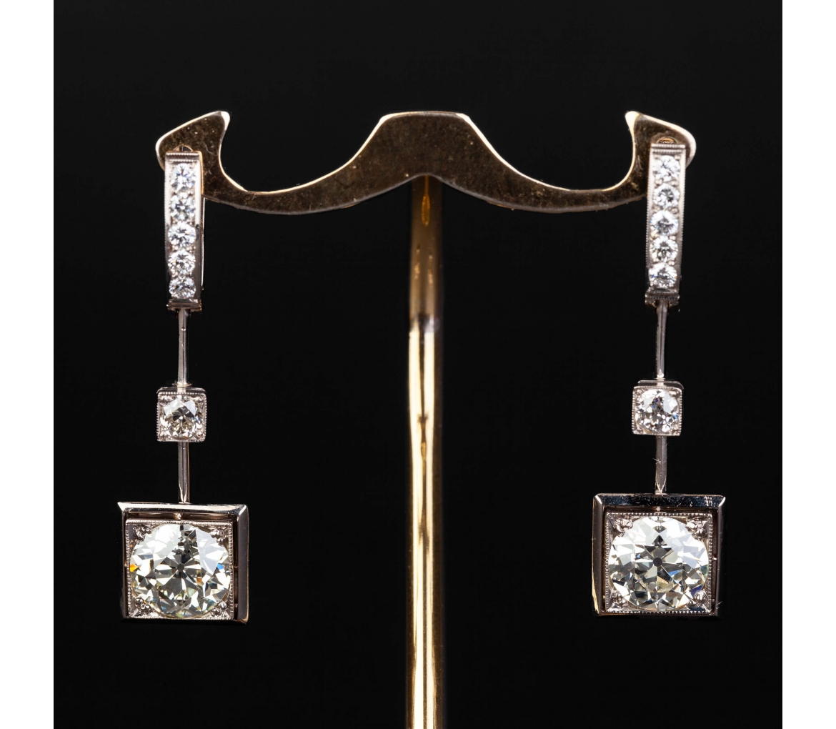 14K White Gold Retro Style Long 4 ct Diamond Earrings - 1