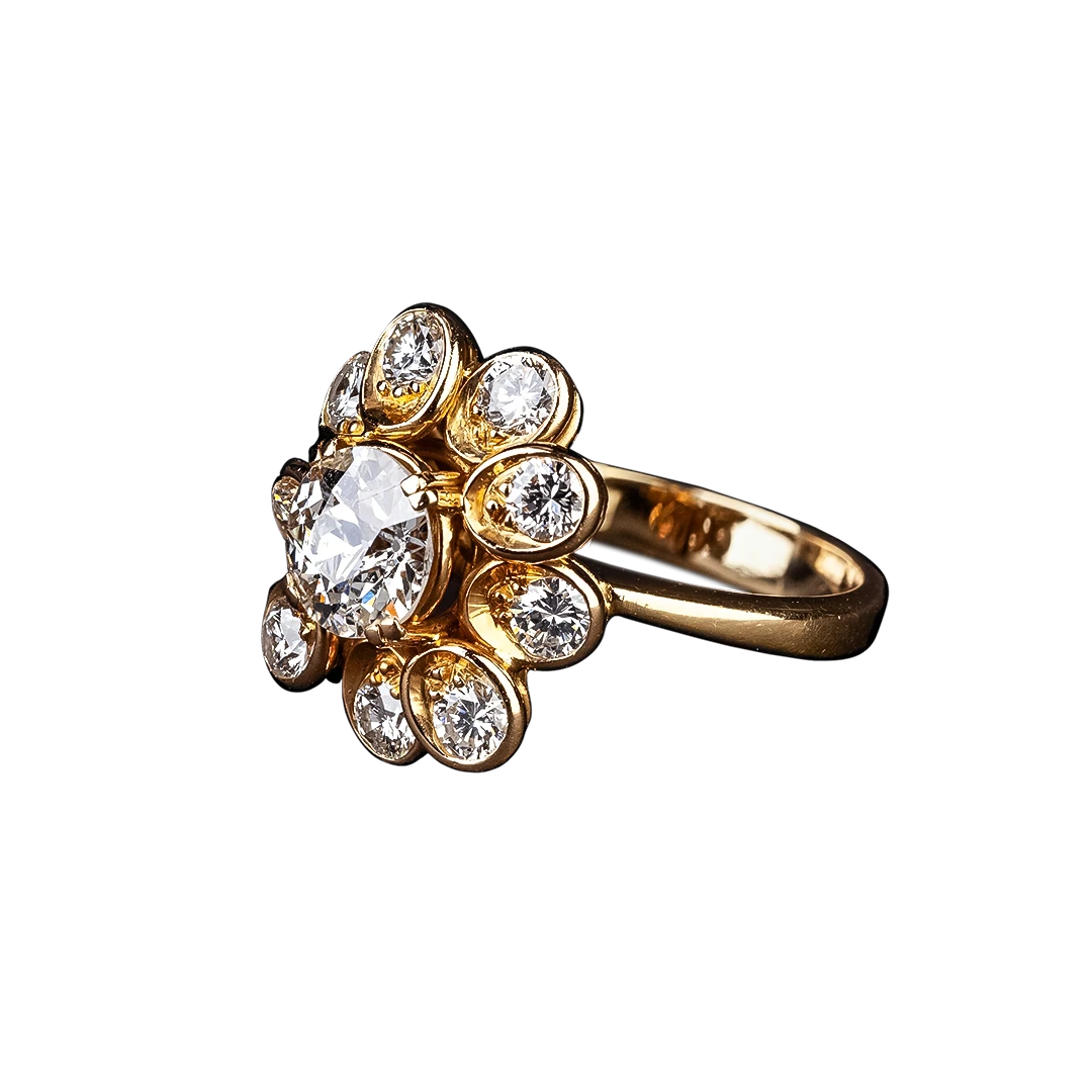 Złoty pierścionek w formie kwiatu z brylantami 1.80 ct, Vintage