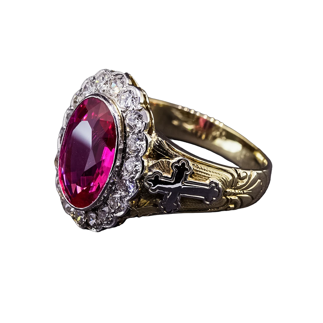 Gold, ornate signet ring with diamonds and synthetic ruby, Czechoslovakia