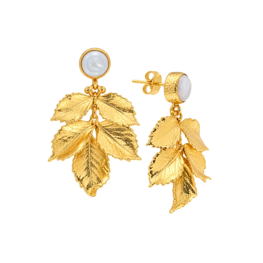 Gilded bronze leaf earrings with pearls