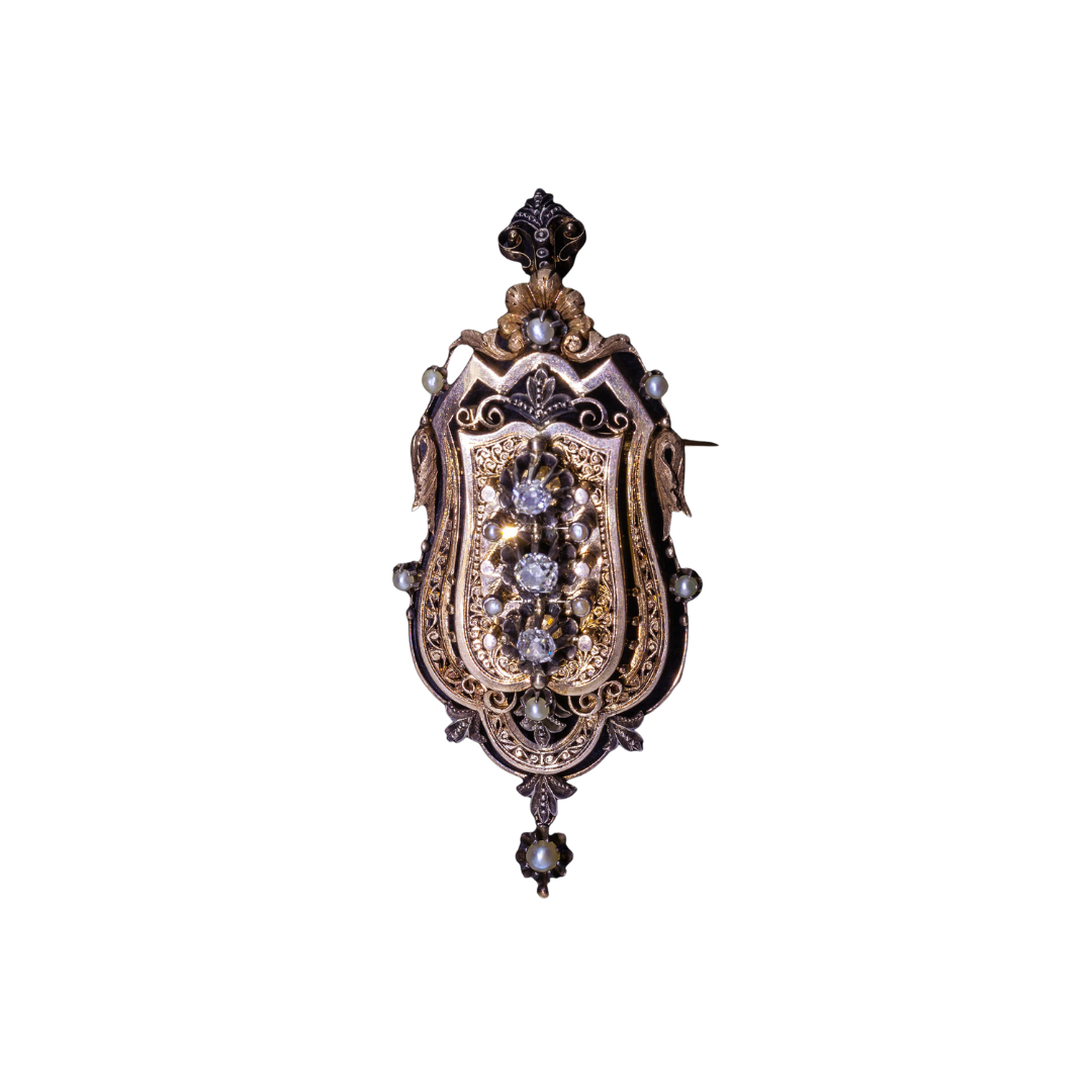 Gold brooch-pendant with half-pearls and old-cut diamonds, Paris, 19th century