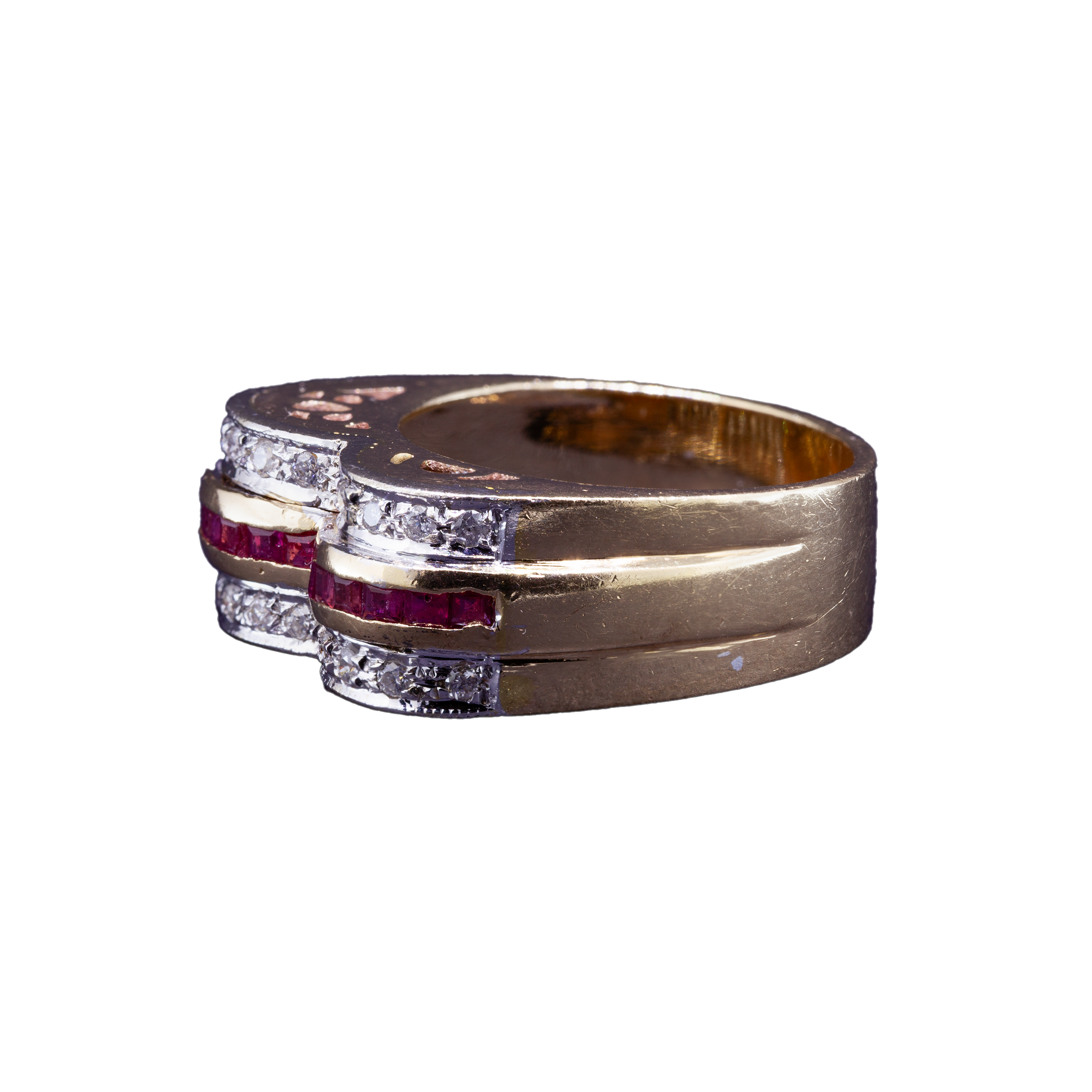 Złoty pierścionek Tank z diamentami i rubinami, lata 70/80-te, Włochy