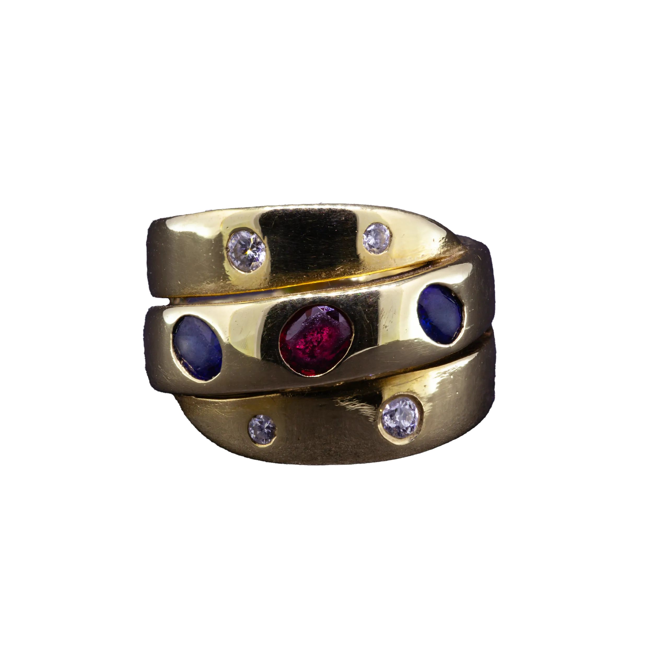Złoty pierścionek Van Cleef & Arpels z diamentami, szafirami i rubinem, 1980s