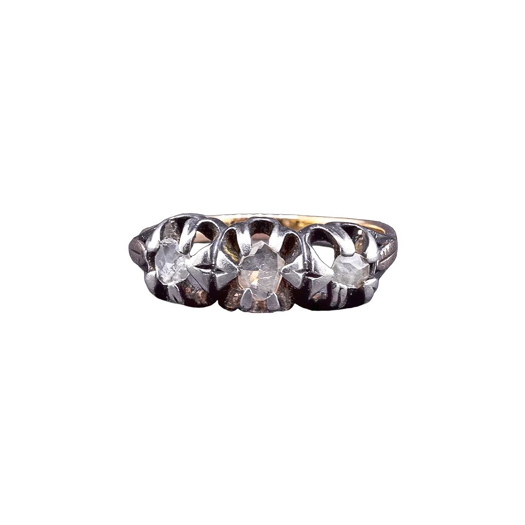 Gold ring with diamond rosettes, late 19th and early 20th century.