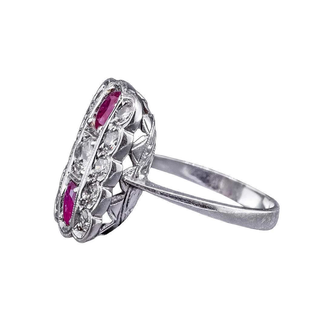 Złoty pierścionek z diamentami i rubinami, Art Deco