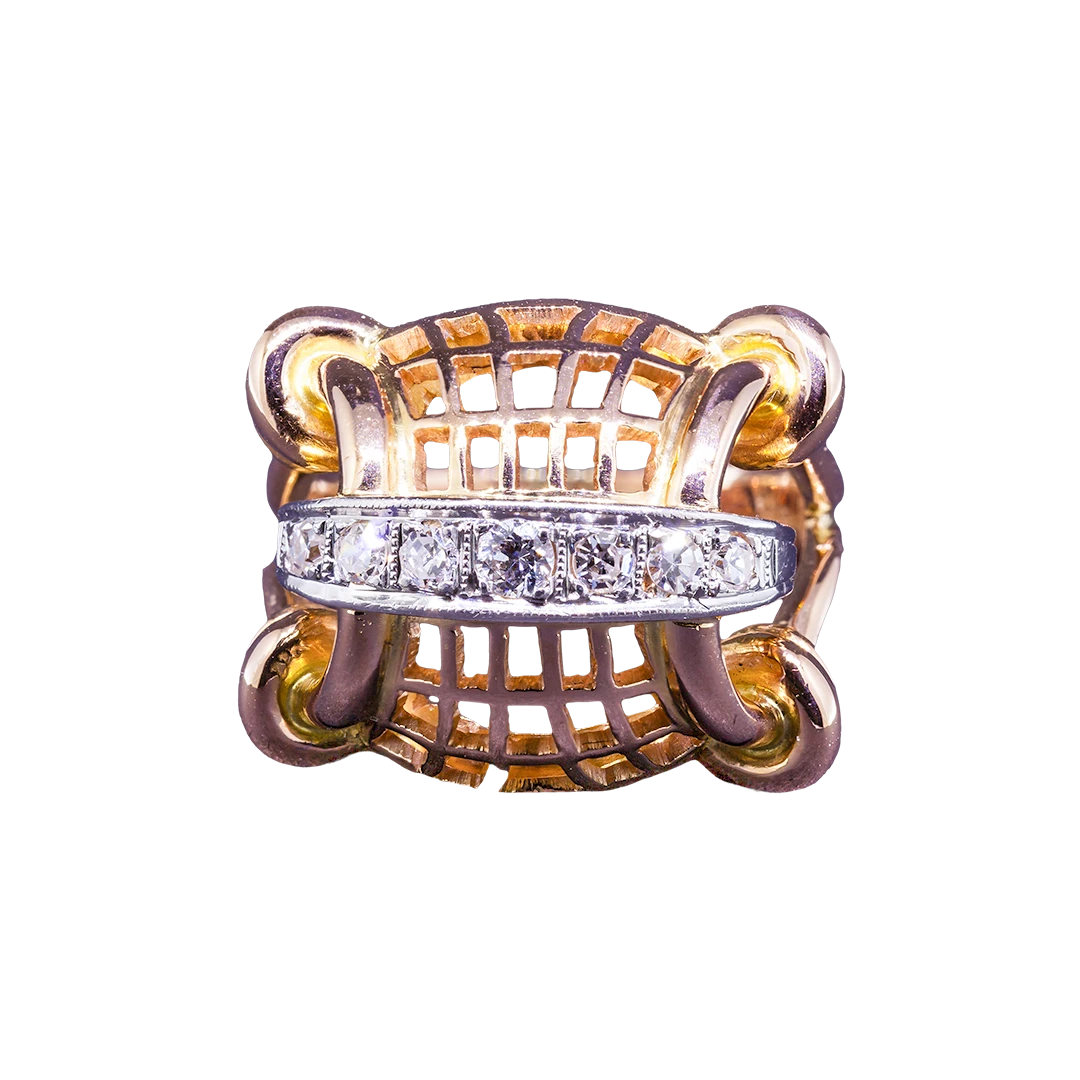 Gold "basket" ring with brilliant-cut diamonds, 1980s