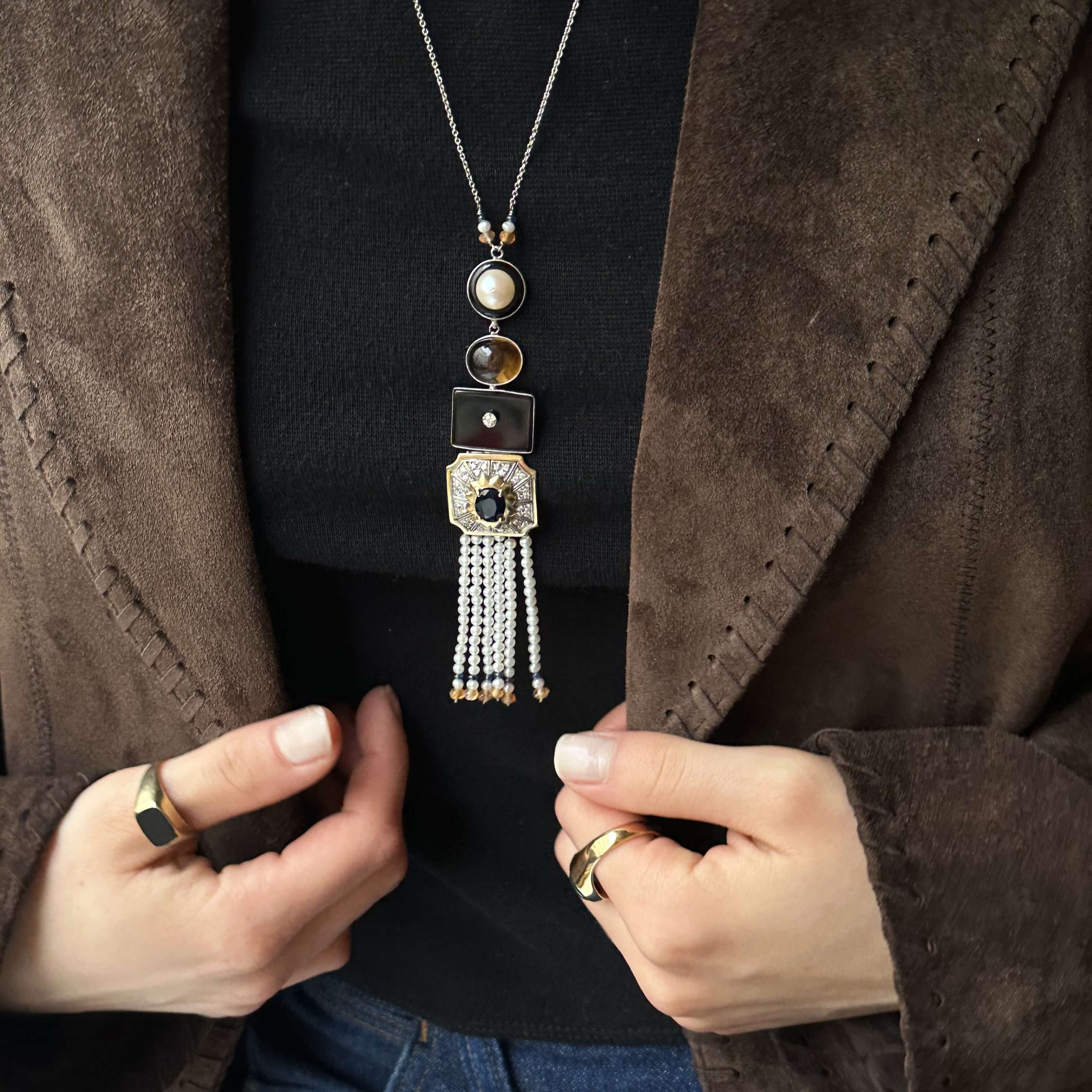 Złota kolia z brylantami, perłami, szafirem, cytrynem w stylu Art Deco, Vintage