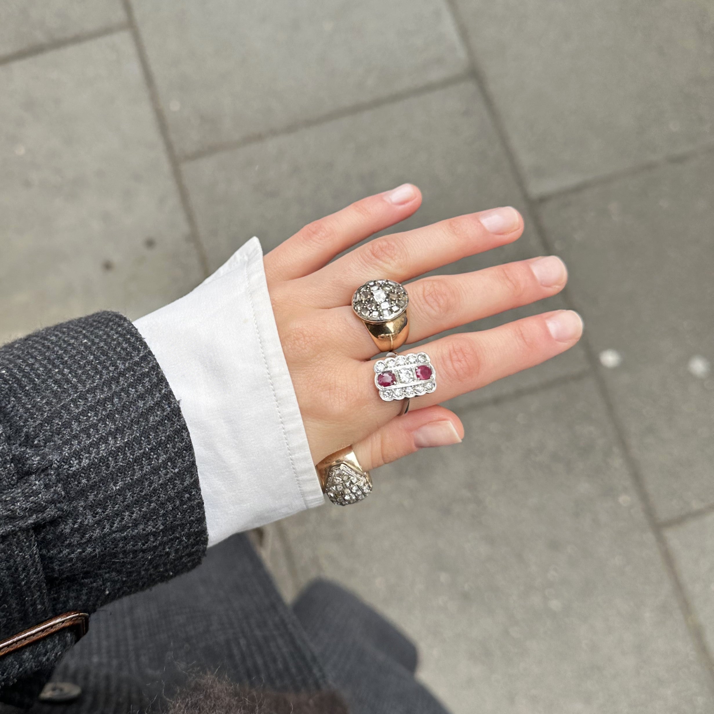 Złoty pierścionek z diamentami i rubinami, Art Deco