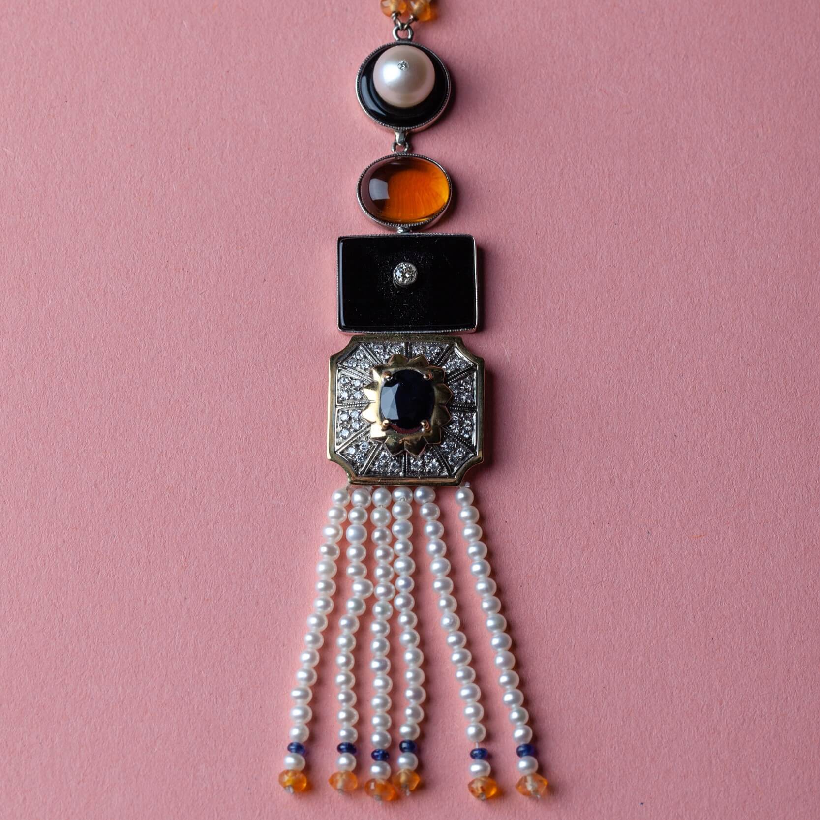 Gold necklace with diamonds, pearls, sapphire, citrine in Art Deco, Vintage style